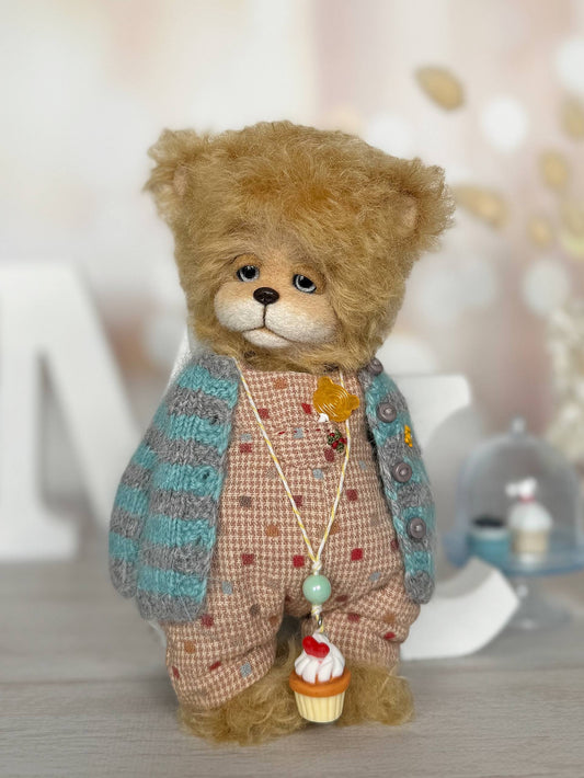 Handmade soft mohair teddy bear Cody 16cm - front view with dotted jumpsuit OOAK collectible by Povoroznyk.Teddy