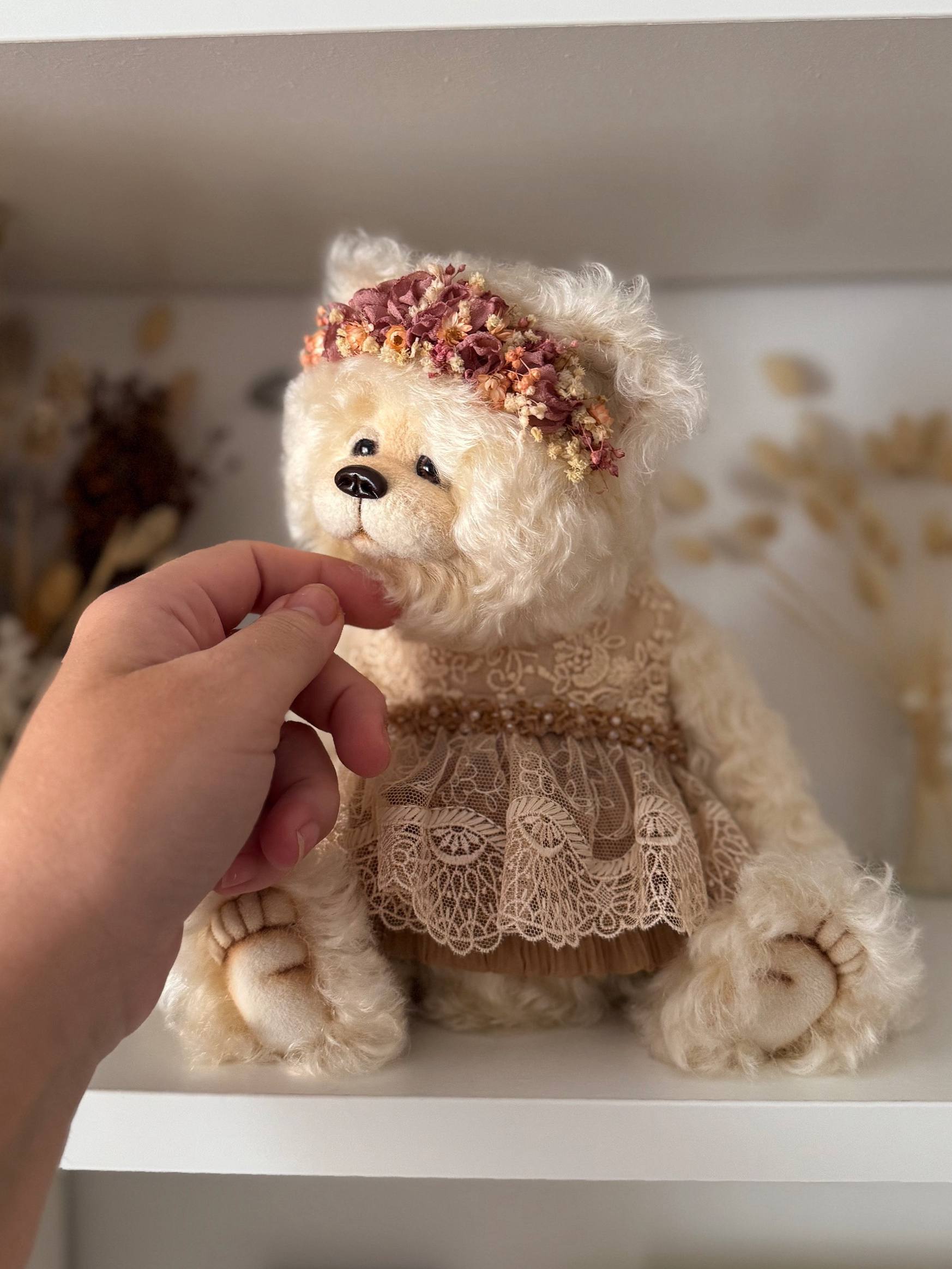 Floral crown made of dried and preserved flowers on OOAK mohair teddy bear Olivia