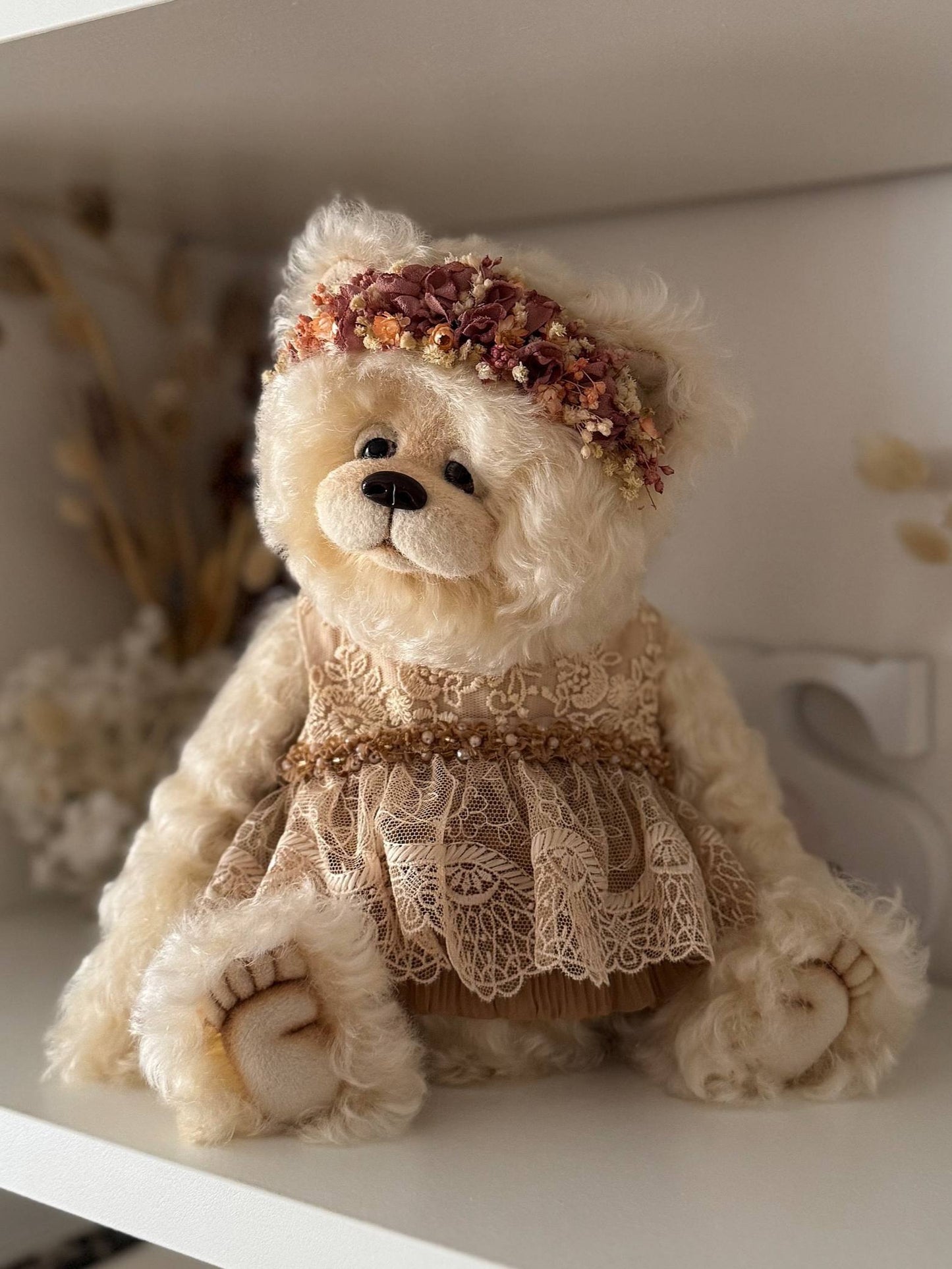Detail of handmade lace dress with hand-sewn glass beads on OOAK art bear Olivia