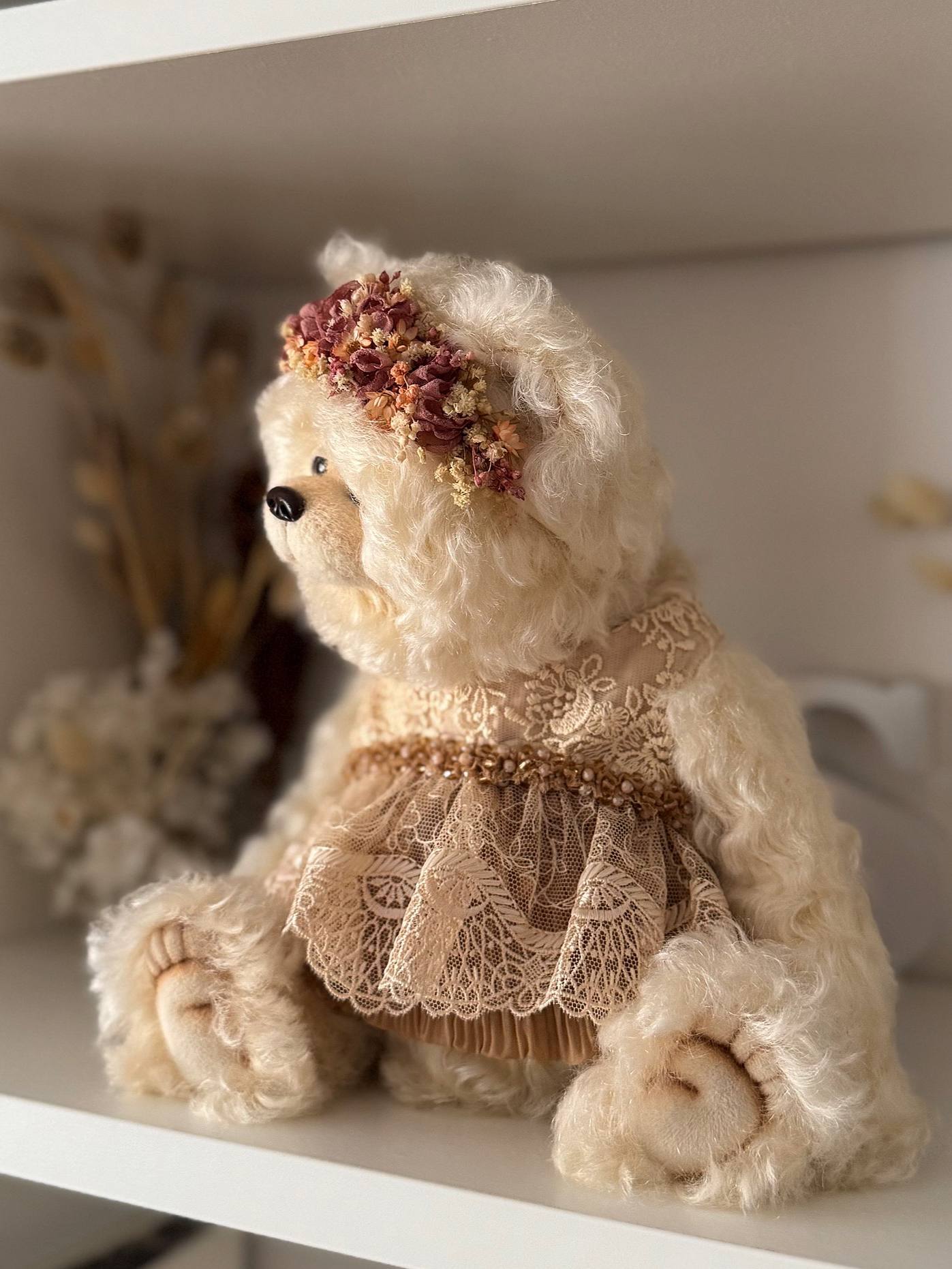 OOAK collectible art bear Olivia by Povoroznyk.Teddy, styled lifestyle photo — unique handmade gift