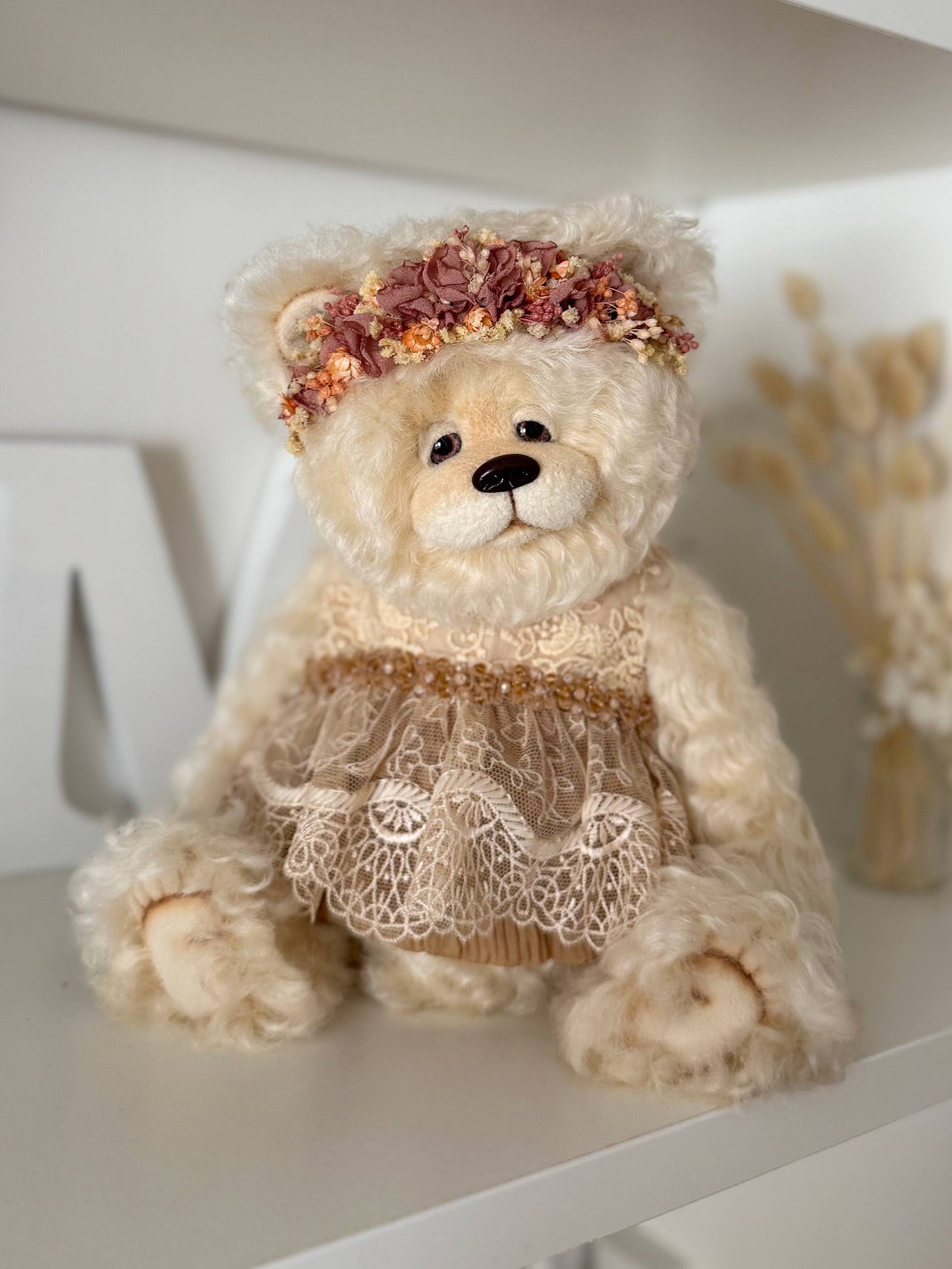 OOAK art teddy bear Olivia in ivory mohair with lace dress and floral crown, full view