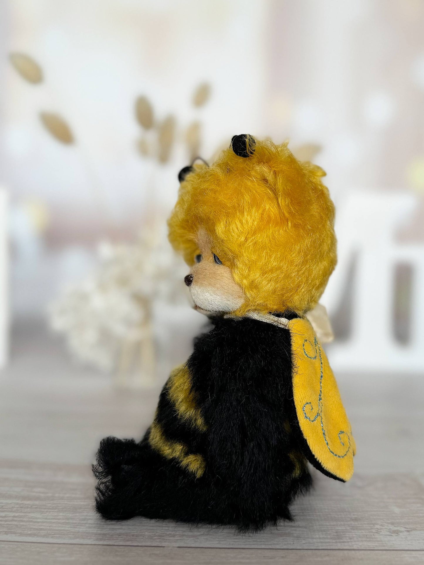 Handcrafted artist bear Little Sunny Bee with movable cotter pin joints, back view