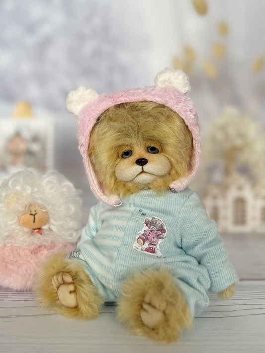 Elric artist teddy bear - front view with fluffy mohair fur and glass eyes