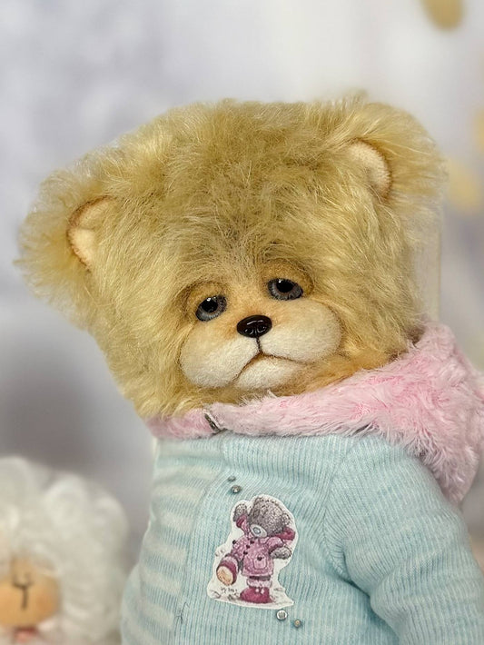 Handmade teddy bear Elric in pastel pink hat and mint jumpsuit - Sweet Christmas series OOAK