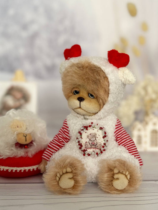 Handmade teddy bear Avery Snow in white hood with red hearts - Sweet Christmas series OOAK