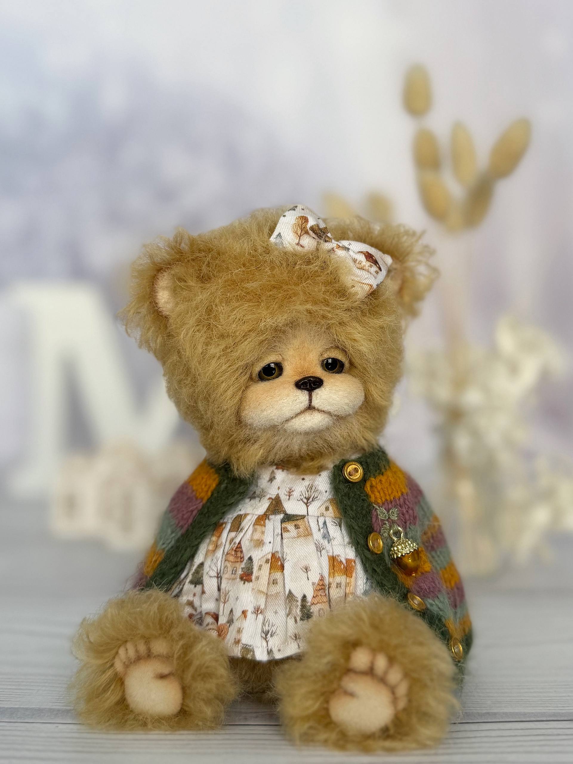 Handmade soft mohair teddy bear Elsa - full body view