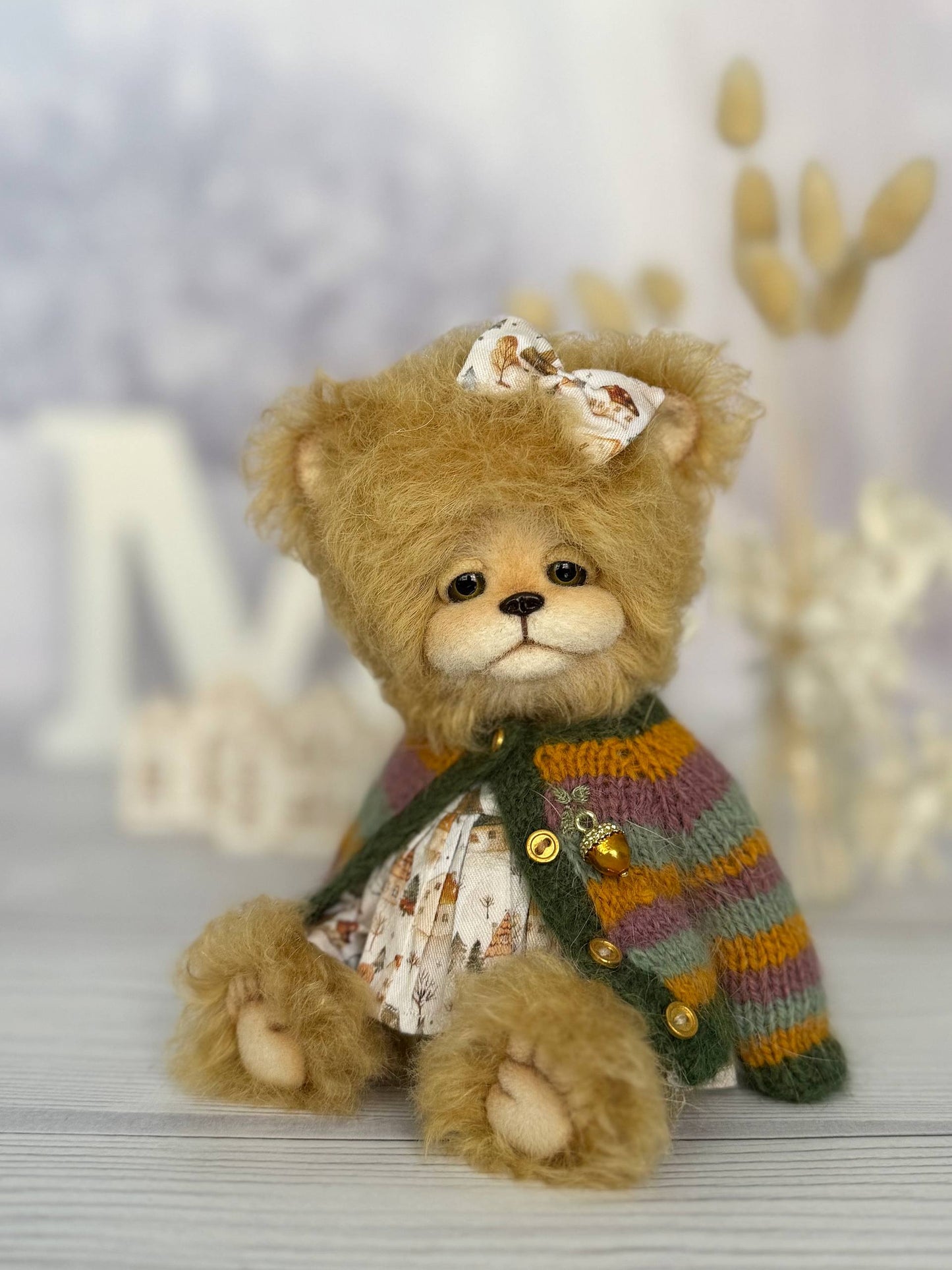 Artist teddy bear Elsa with removable patterned dress and accessories