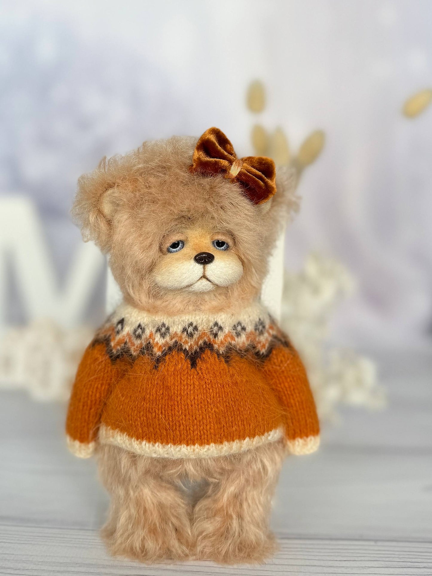 Alma artist teddy bear - front view with caramel mohair fur and glass eyes