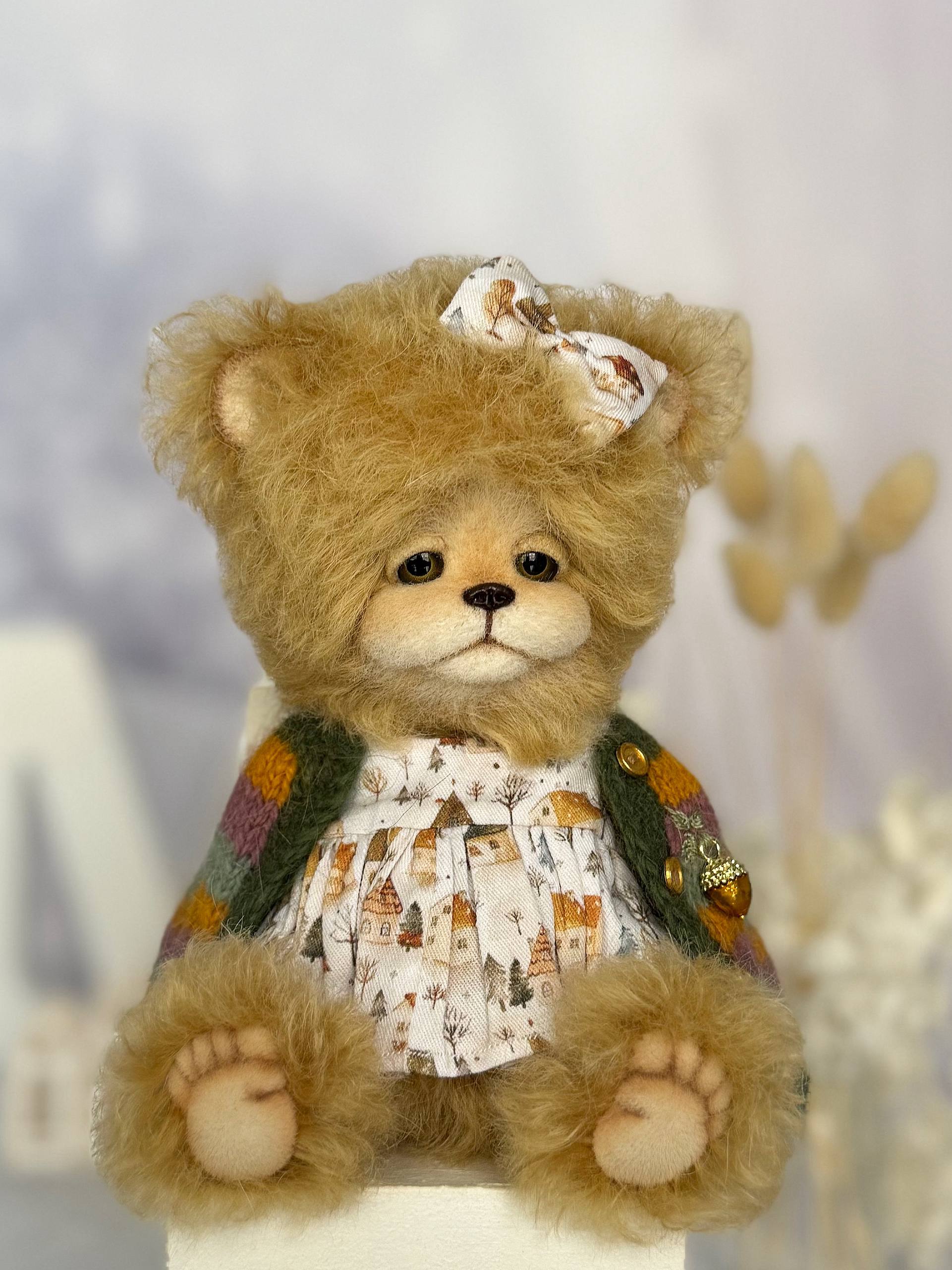 Handmade teddy bear Elsa in delicate cardigan and patterned dress - OOAK artist collectible