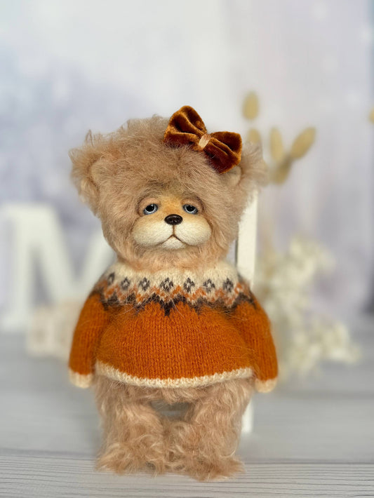 Handmade teddy bear Alma in caramel knitted sweater - OOAK artist collectible