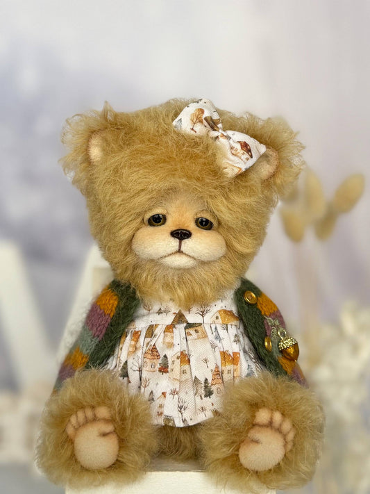 Elsa artist teddy bear - front view with soft mohair fur and glass eyes