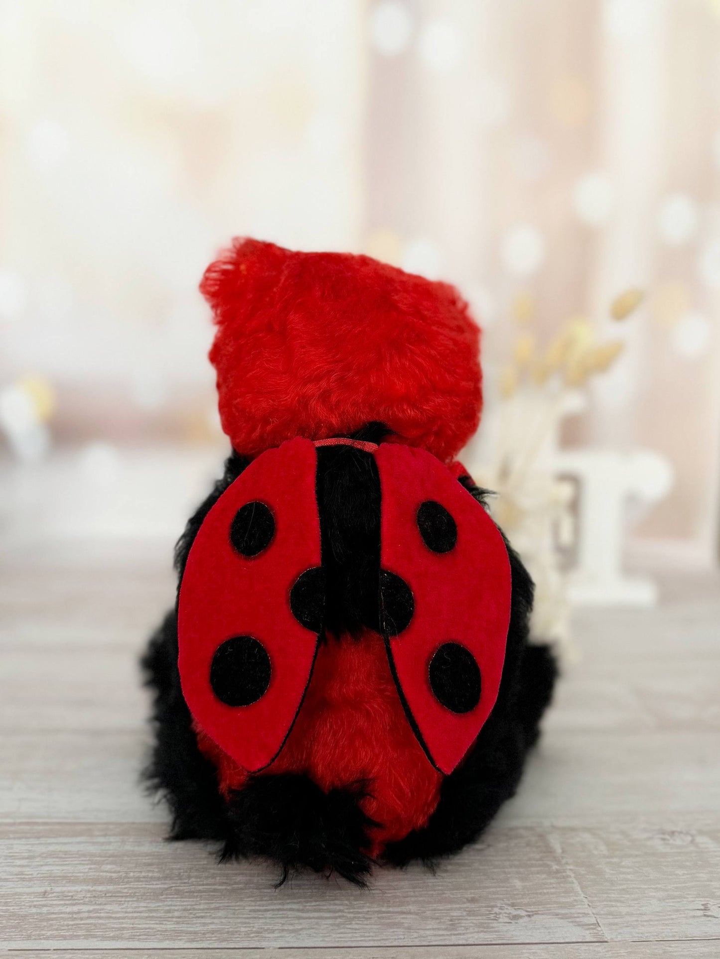 Scarlet Ladybug Deluxe teddy bear in handmade ladybug costume, outfit detail