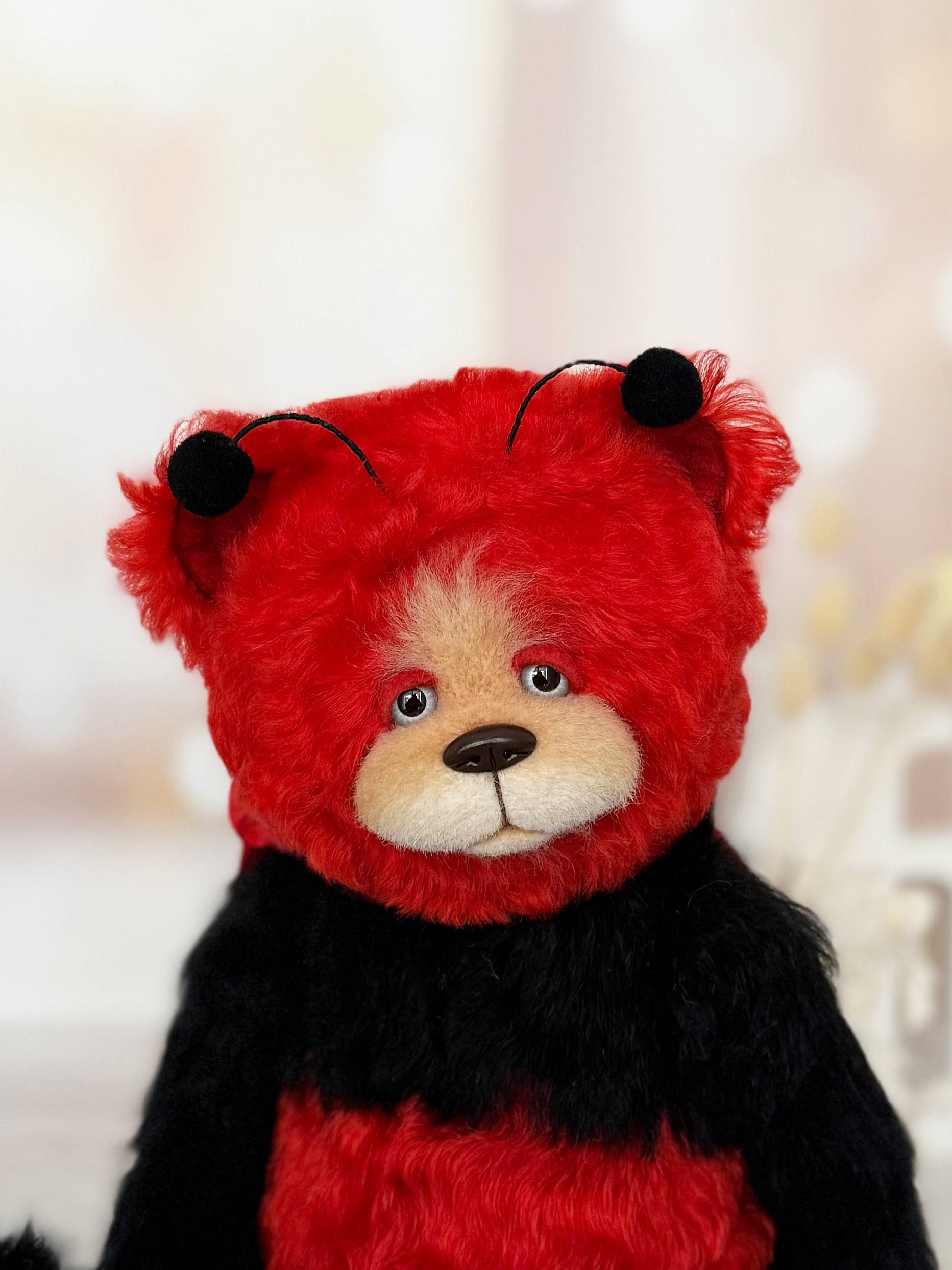 Handmade artist bear Scarlet Ladybug Deluxe with removable ladybug outfit, full view