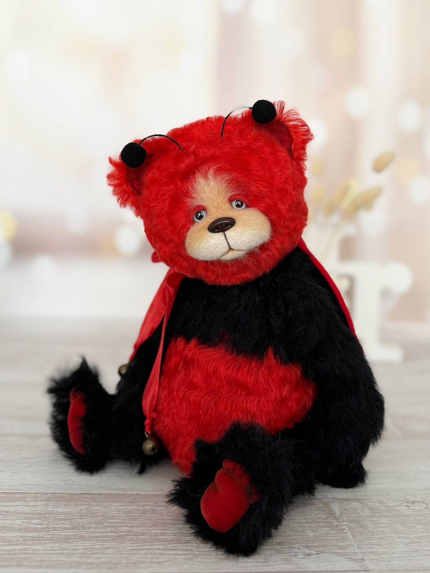 Red and black mohair teddy bear Scarlet Ladybug Deluxe, 30 cm, full body view