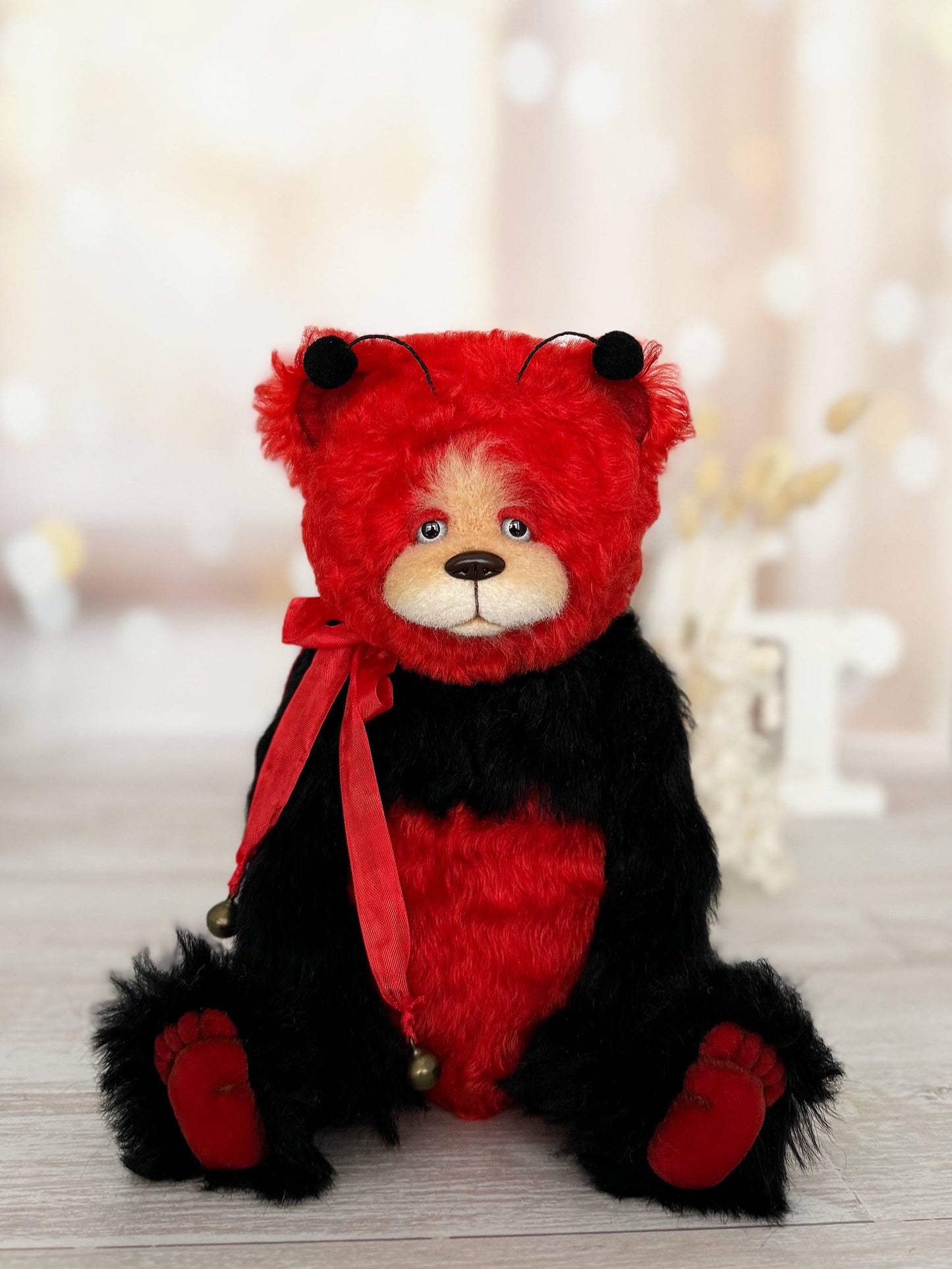 OOAK collectible teddy bear Scarlet Ladybug Deluxe by Povoroznyk.Teddy, sitting pose